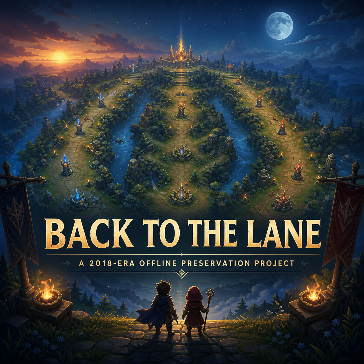 An original fantasy three-lane battlefield at sunset and moonrise